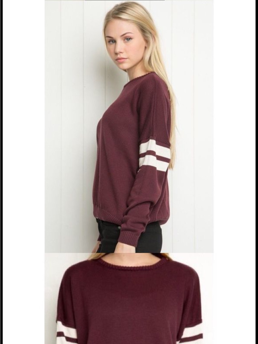American Eagle Outfitters Burgundy Crewneck Sweater with Gray Sleeve Stripes 🍂🧸✨